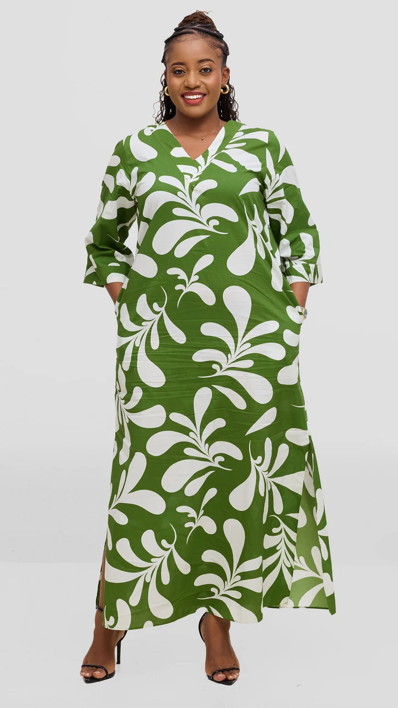 Vivo Lulu 3/4 Sleeve Maxi Dress in Cotton - Green / White Print