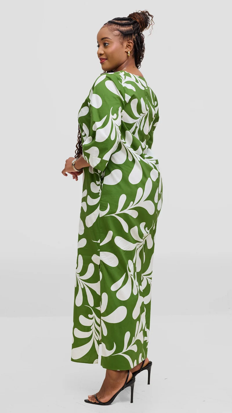 Vivo Lulu 3/4 Sleeve Maxi Dress in Cotton - Green / White Print