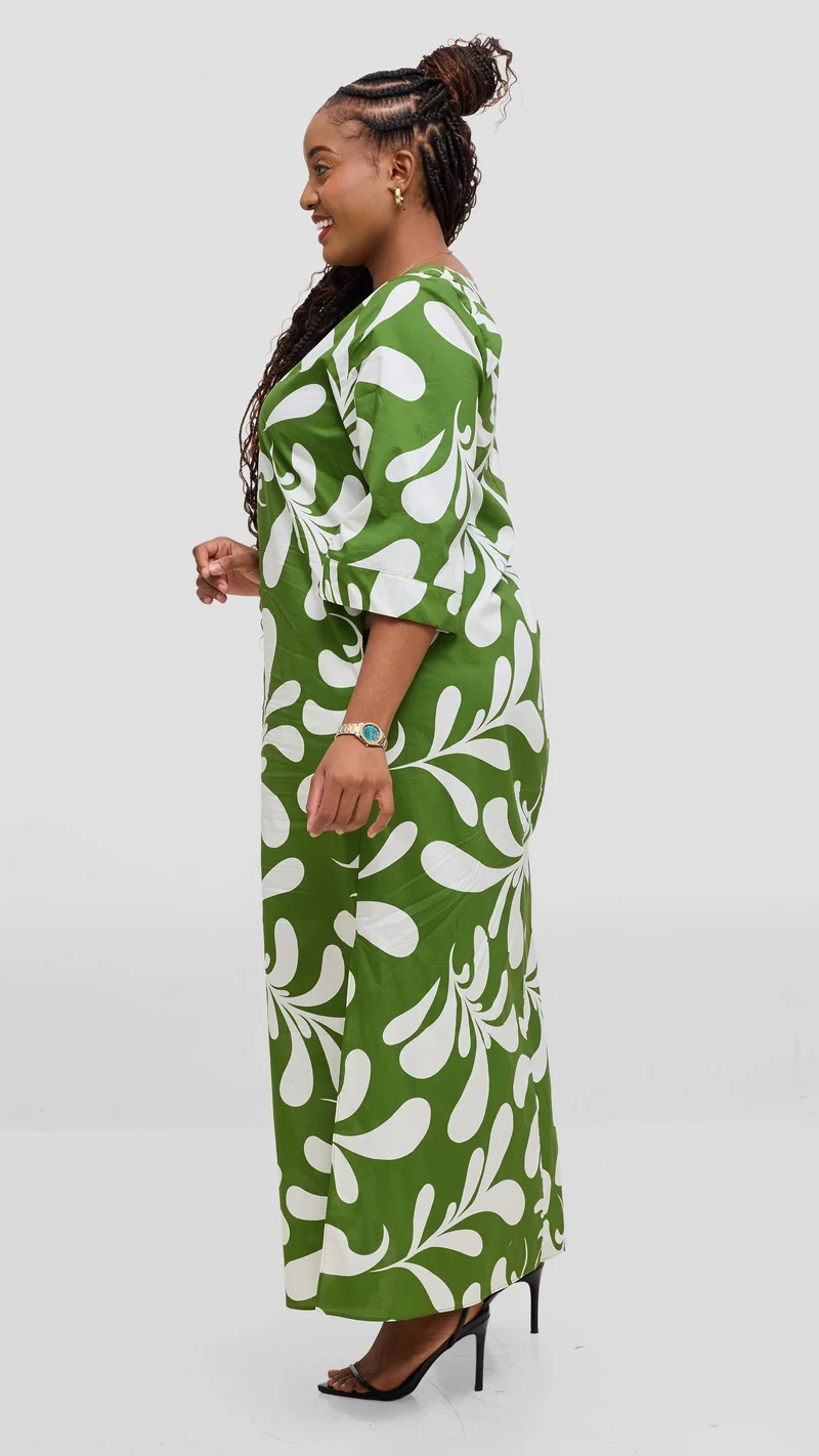 Vivo Lulu 3/4 Sleeve Maxi Dress in Cotton - Green / White Print