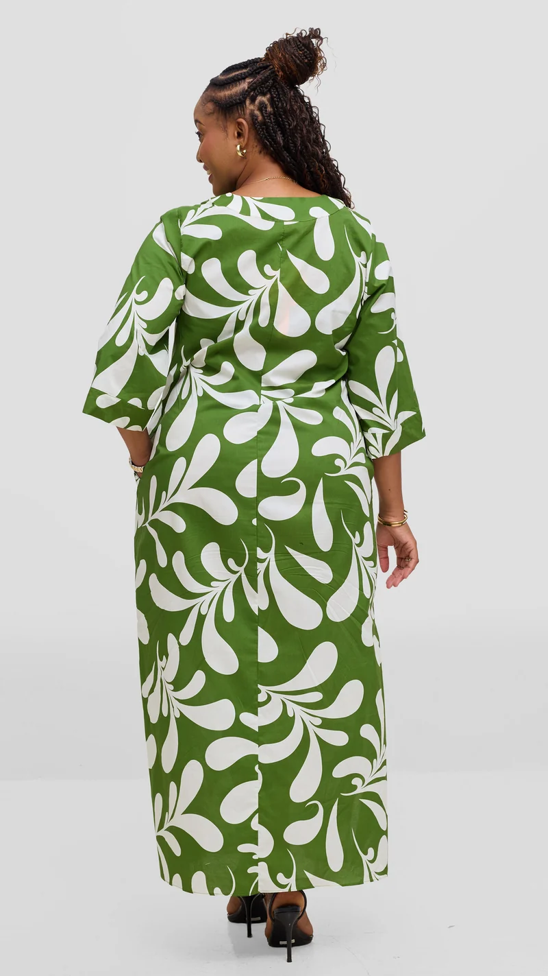 Vivo Lulu 3/4 Sleeve Maxi Dress in Cotton - Green / White Print