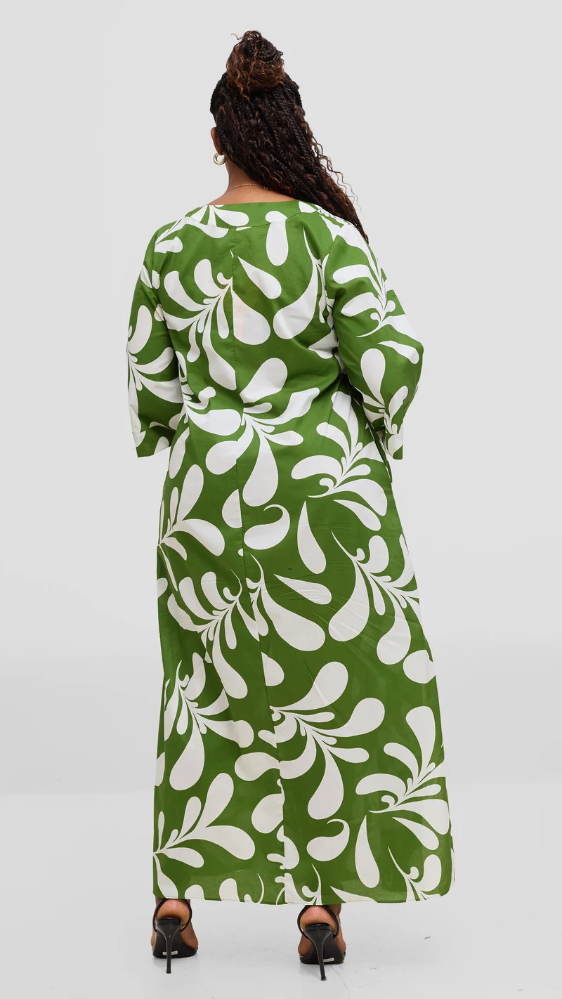 Vivo Lulu 3/4 Sleeve Maxi Dress in Cotton - Green / White Print