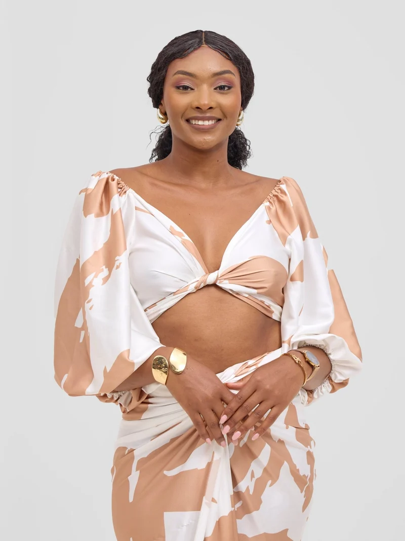 Vivo Beali Two Way Wrap Top - White / Taupe Lea Print