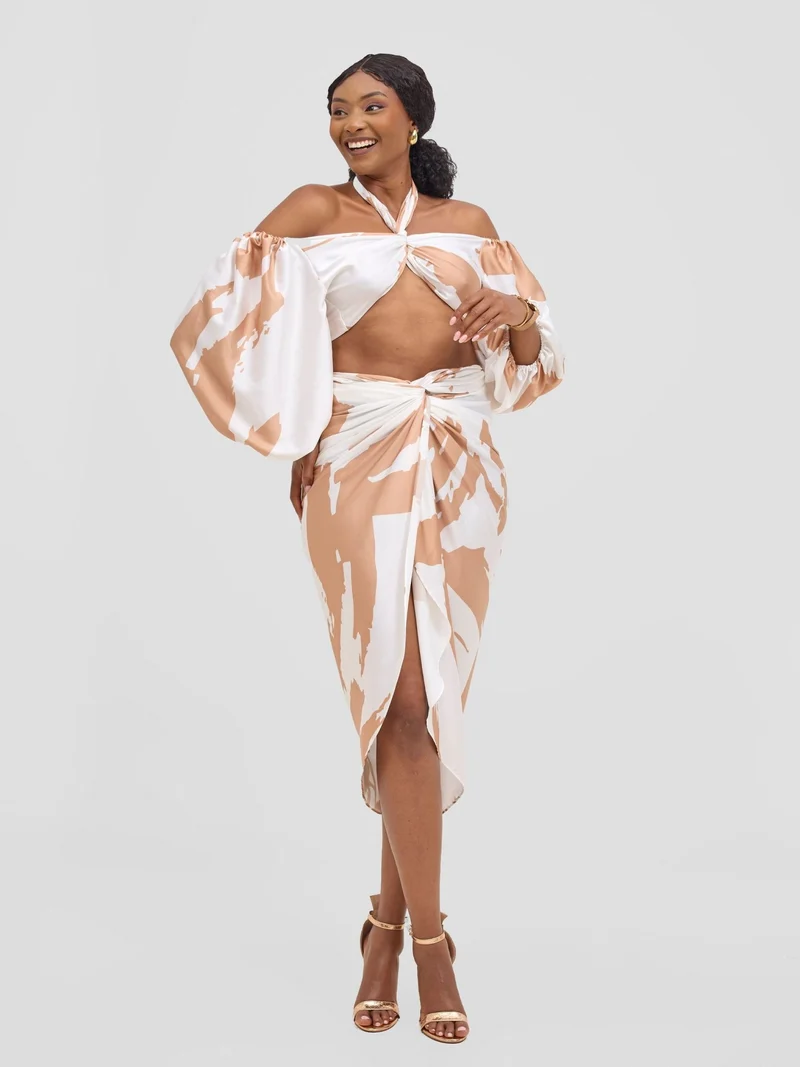 Vivo Beali Two Way Wrap Top - White / Taupe Lea Print