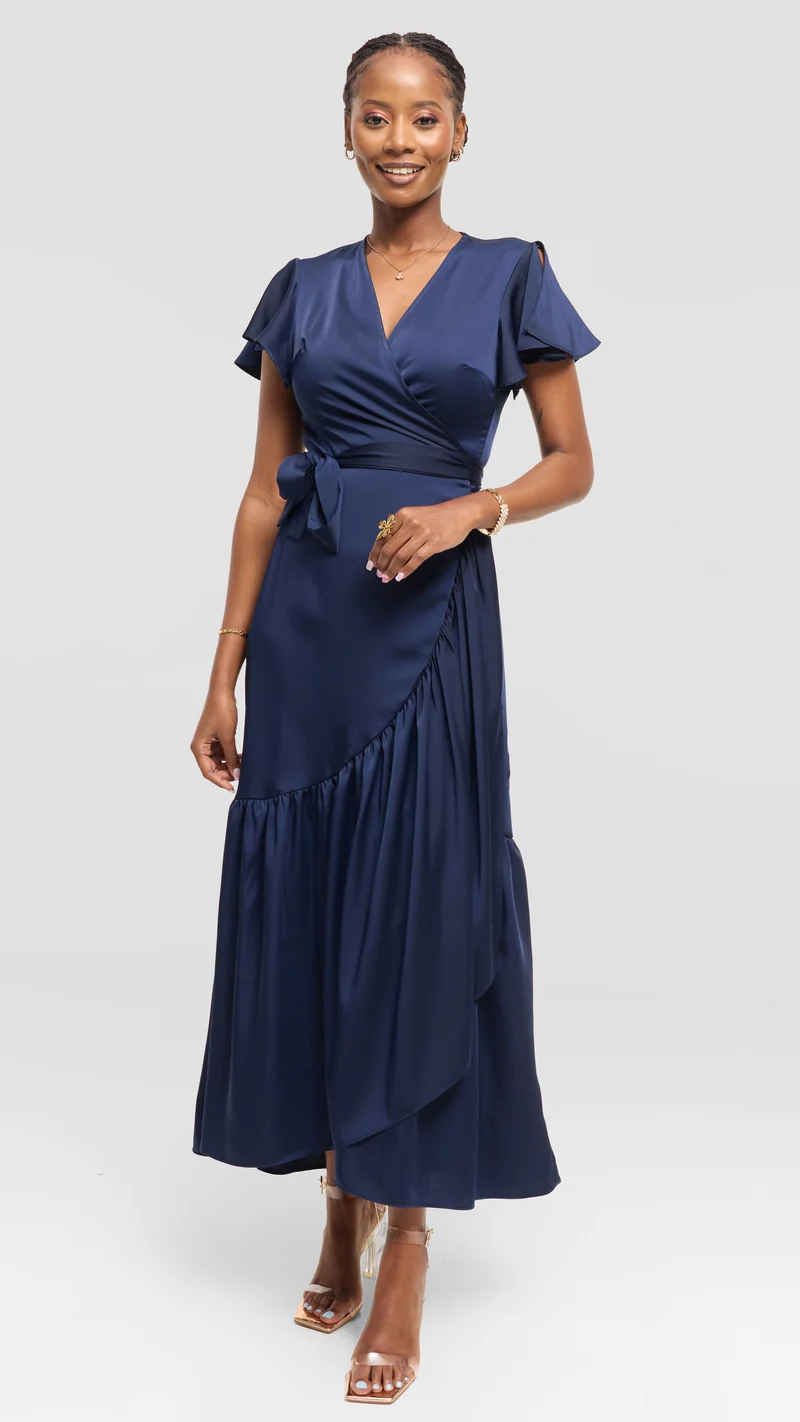 Vivo Hanabi Wrap Maxi Dress in Satin - Navy