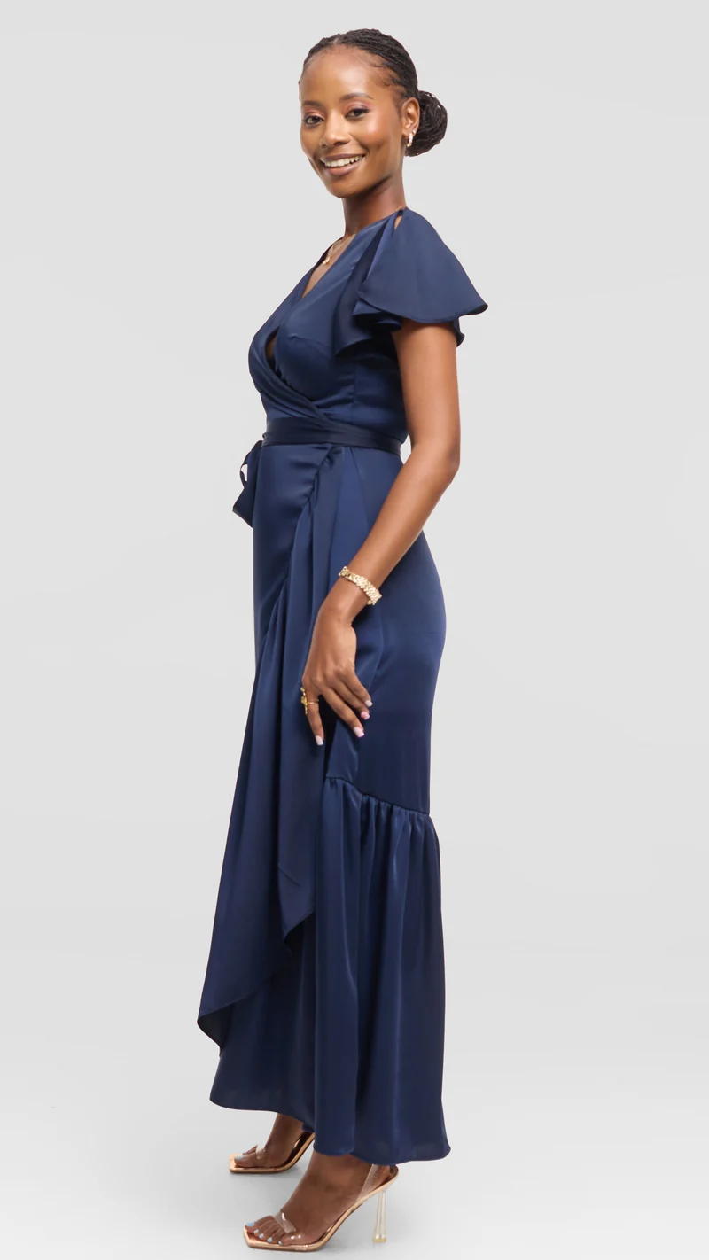 Vivo Hanabi Wrap Maxi Dress in Satin - Navy