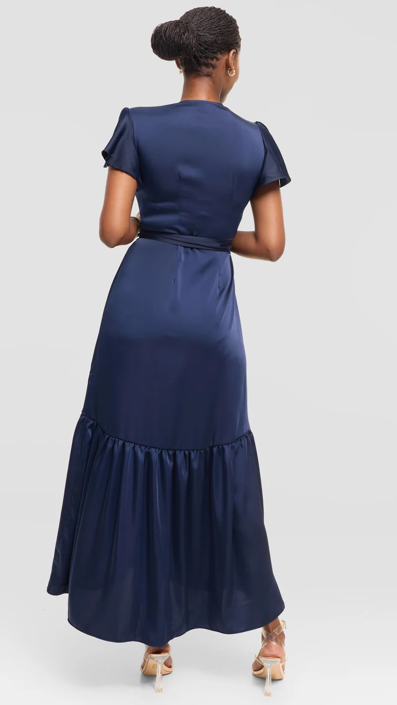 Vivo Hanabi Wrap Maxi Dress in Satin - Navy