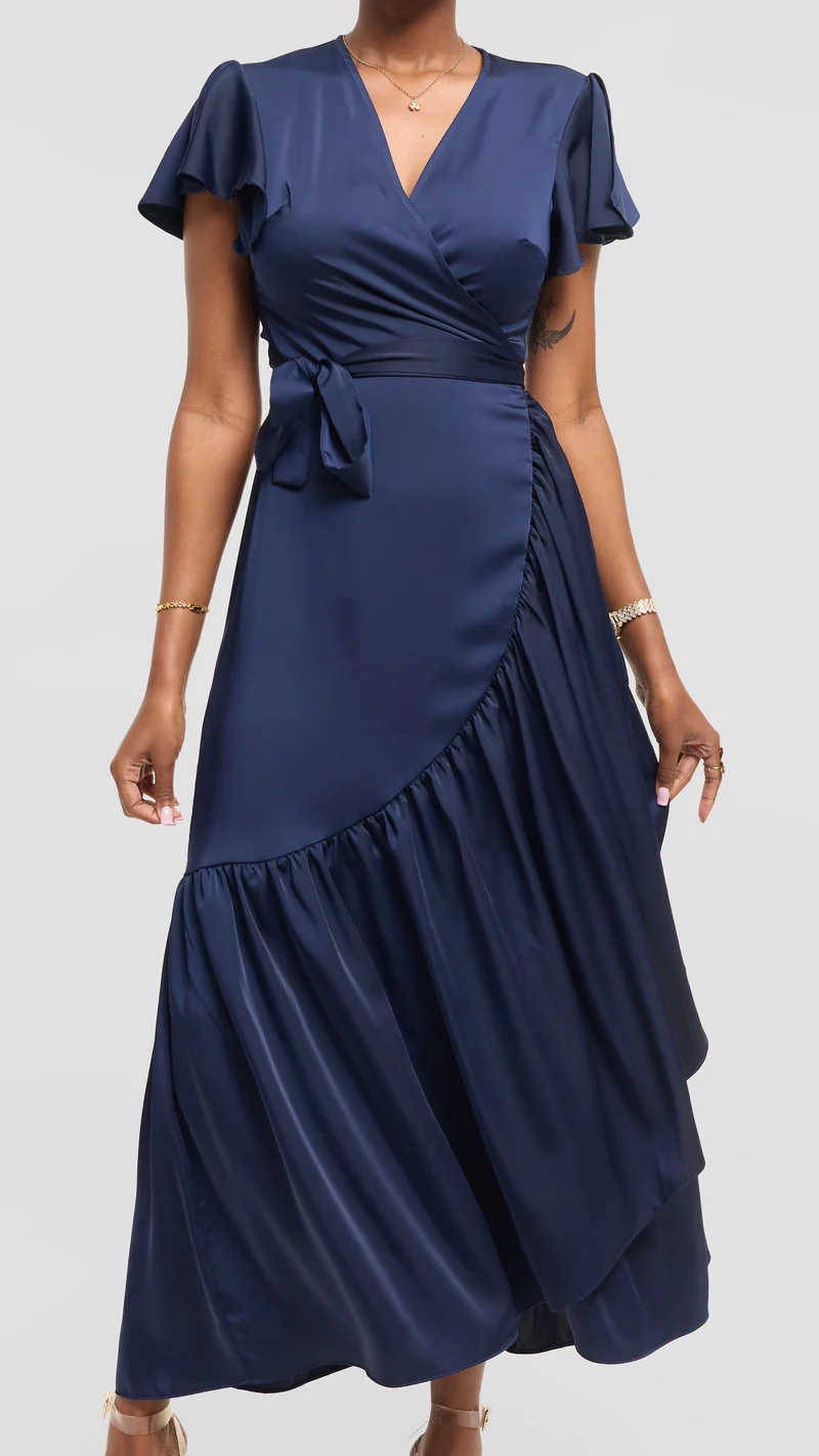 Vivo Hanabi Wrap Maxi Dress in Satin - Navy