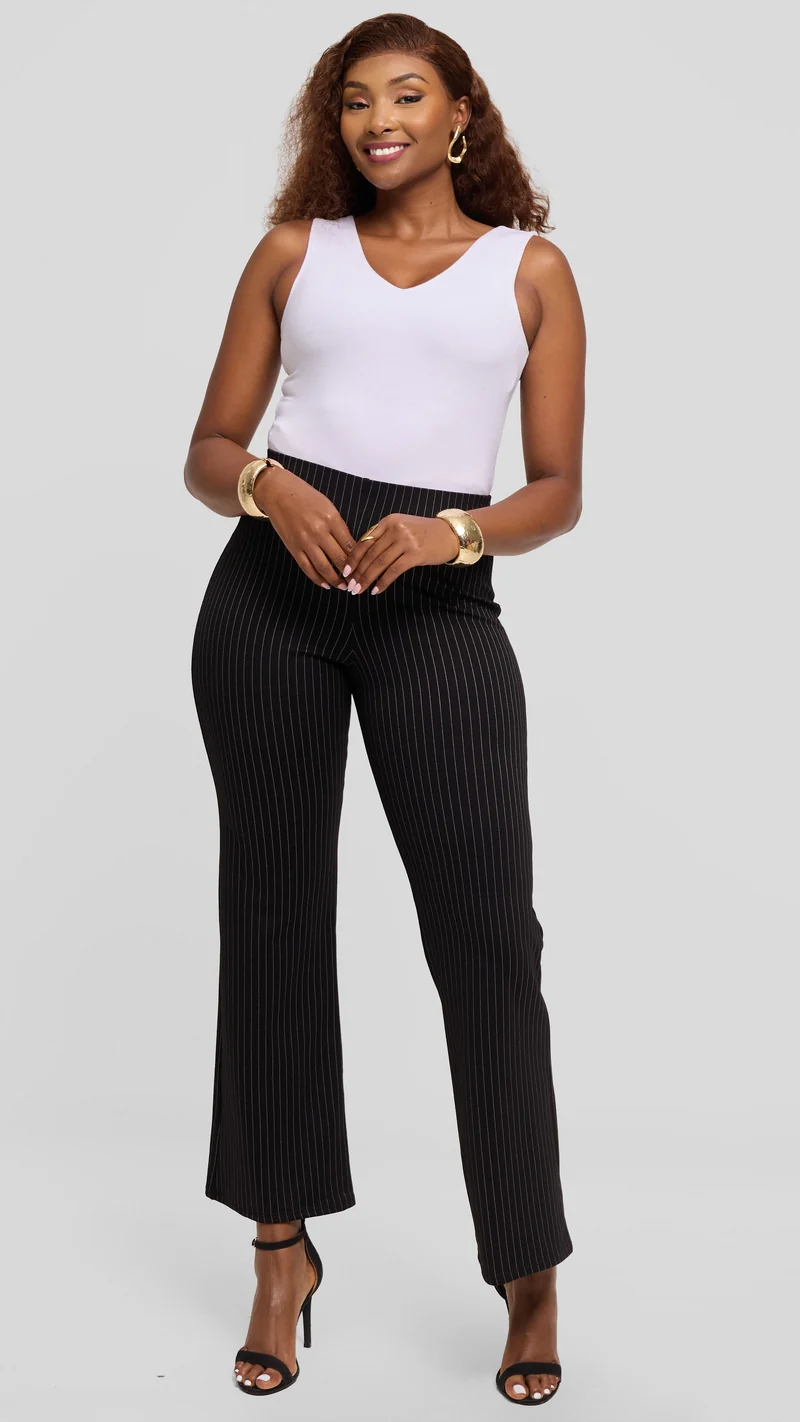 Vivo Lena Slim Fit Pants in Pinstripe - Black / White Thin Stripes
