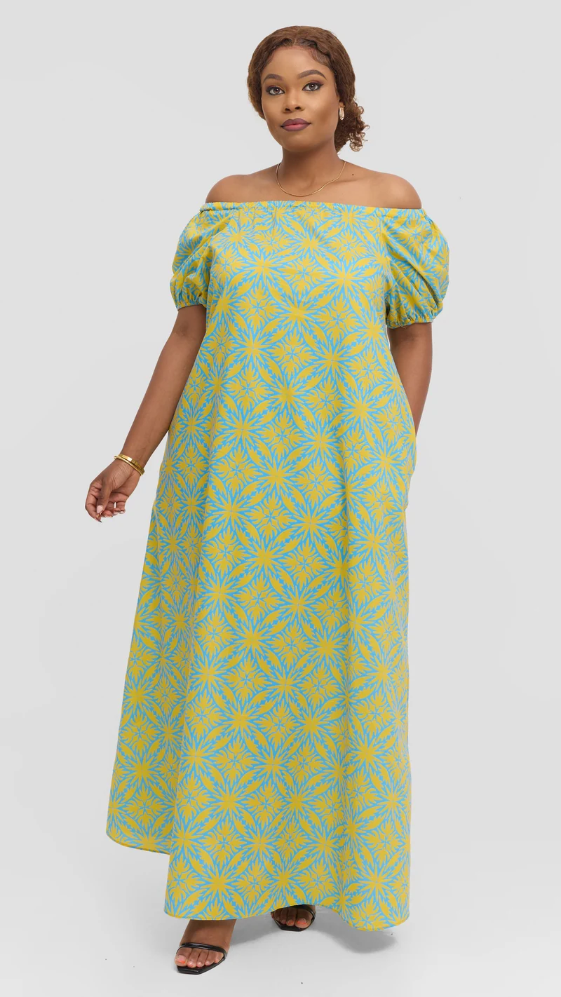 Vivo Off Shoulder Maxi Dress in Cotton - Yellow Multicolor Print