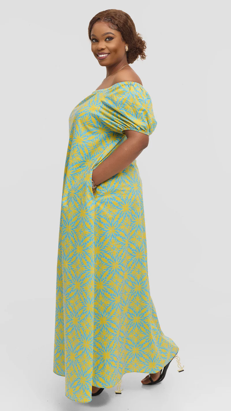 Vivo Off Shoulder Maxi Dress in Cotton - Yellow Multicolor Print