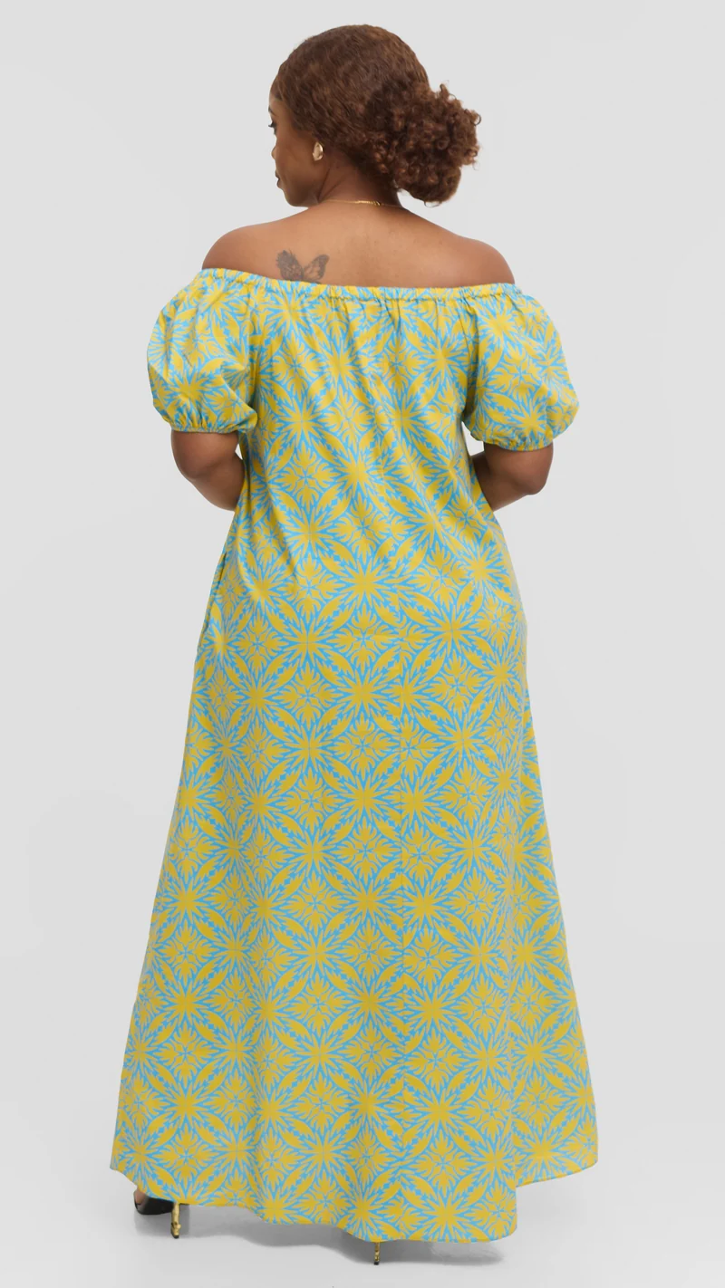Vivo Off Shoulder Maxi Dress in Cotton - Yellow Multicolor Print