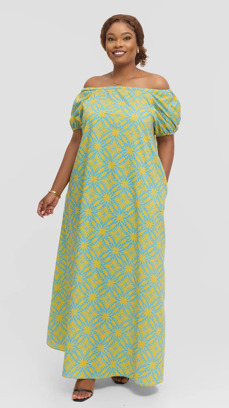 Vivo Off Shoulder Maxi Dress in Cotton - Yellow Multicolor Print