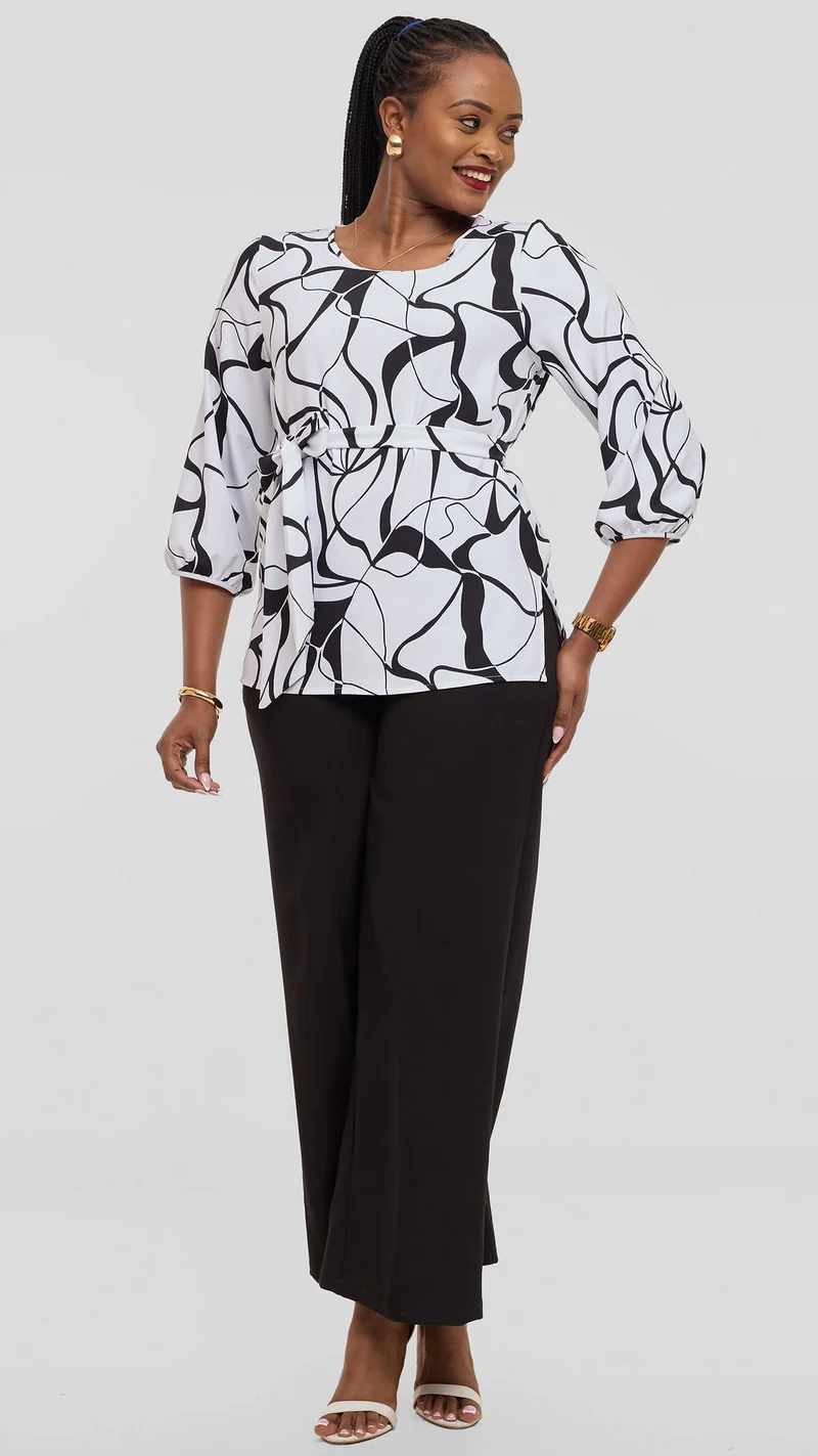 Vivo Kani Bishop Sleeve Top in Crepe - White / Black Loiya Print