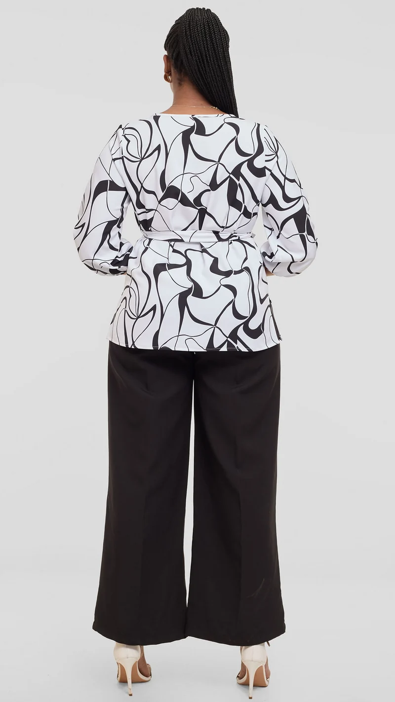 Vivo Kani Bishop Sleeve Top in Crepe - White / Black Loiya Print