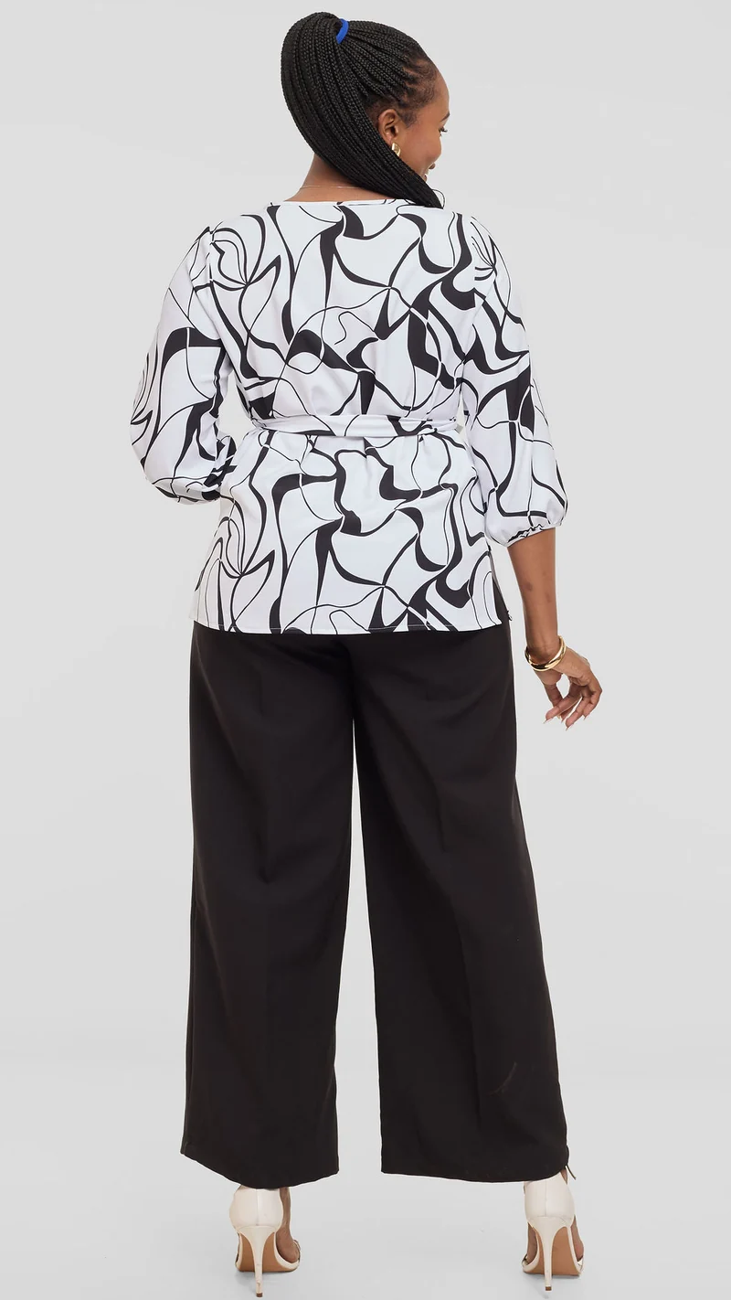 Vivo Kani Bishop Sleeve Top in Crepe - White / Black Loiya Print