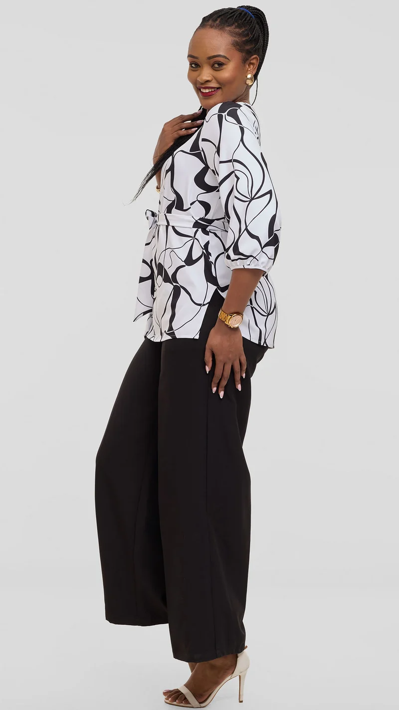 Vivo Kani Bishop Sleeve Top in Crepe - White / Black Loiya Print
