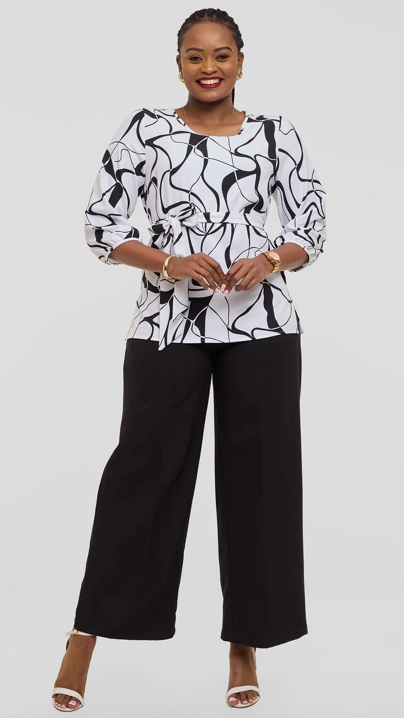 Vivo Kani Bishop Sleeve Top in Crepe - White / Black Loiya Print