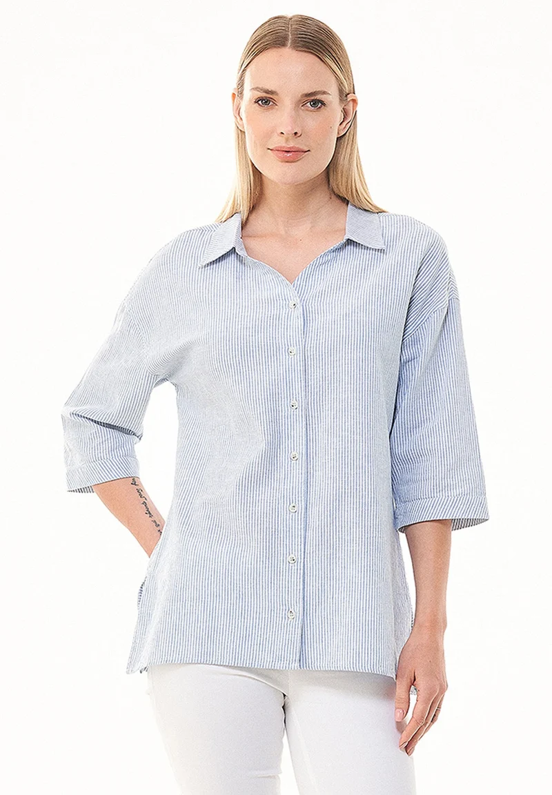 Gestreiftes Hemdbluse aus Leinen-Bio Baumwolle Mix