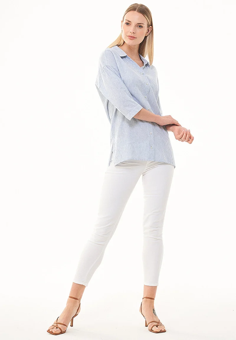 Gestreiftes Hemdbluse aus Leinen-Bio Baumwolle Mix