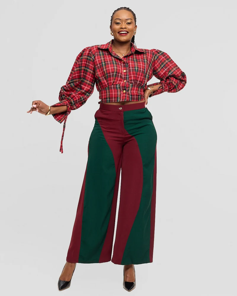 Malala Pants X checked Top - Red Print / Green