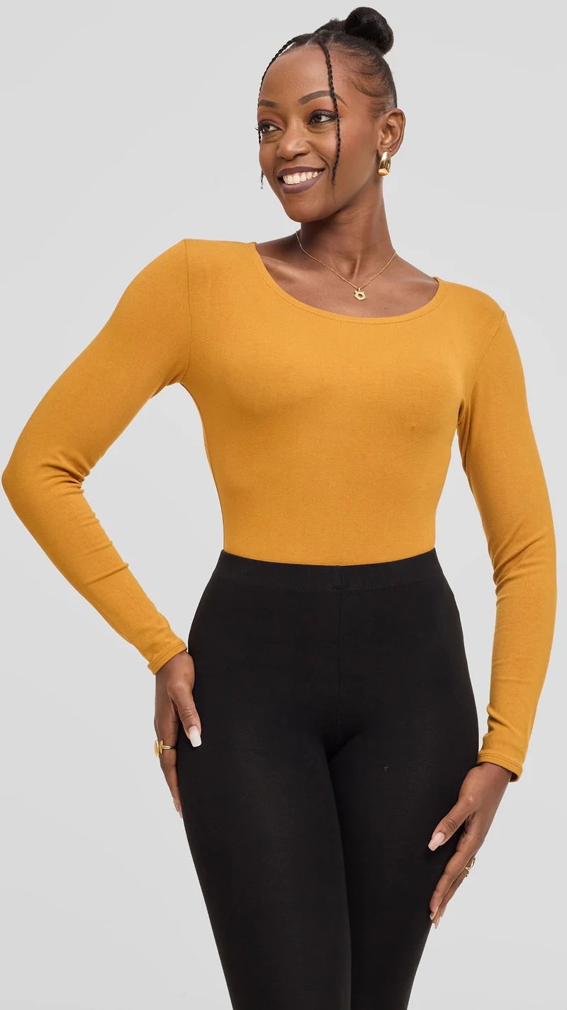 Vivo Basic Long Sleeve Bodysuit in Jersey - Dark Mustard
