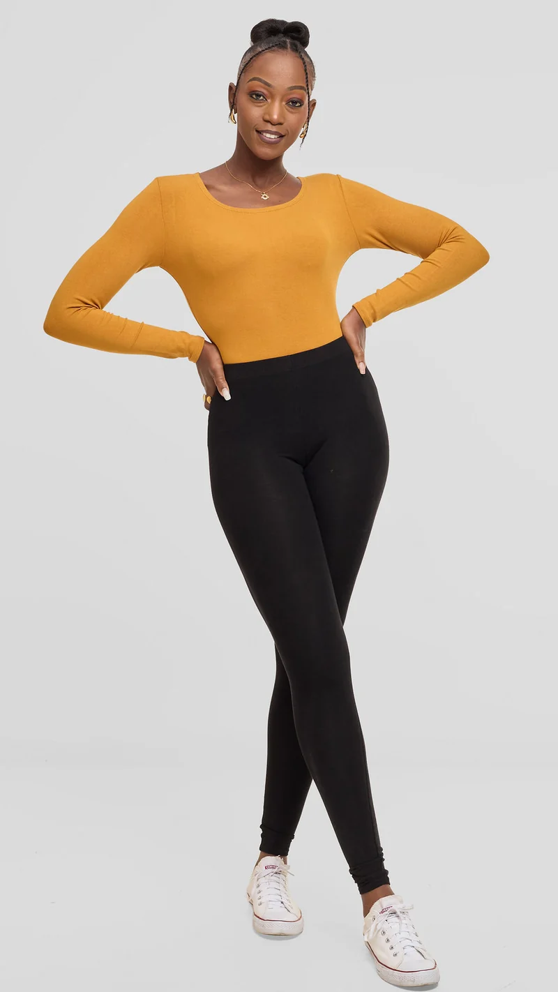 Vivo Basic Long Sleeve Bodysuit in Jersey - Dark Mustard