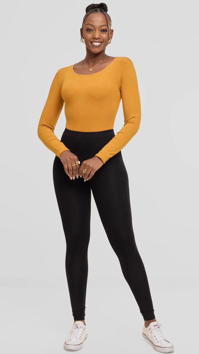 Vivo Basic Long Sleeve Bodysuit in Jersey - Dark Mustard