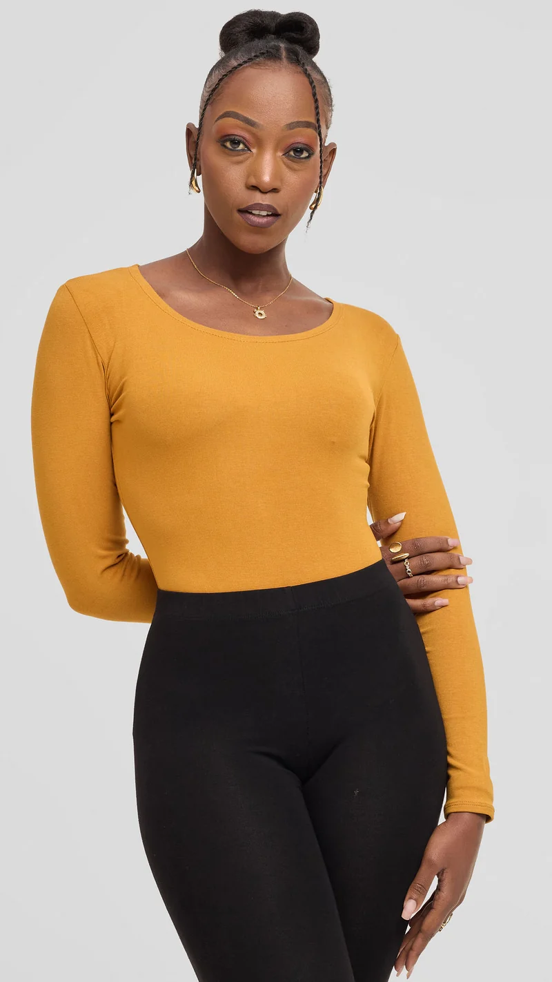 Vivo Basic Long Sleeve Bodysuit in Jersey - Dark Mustard