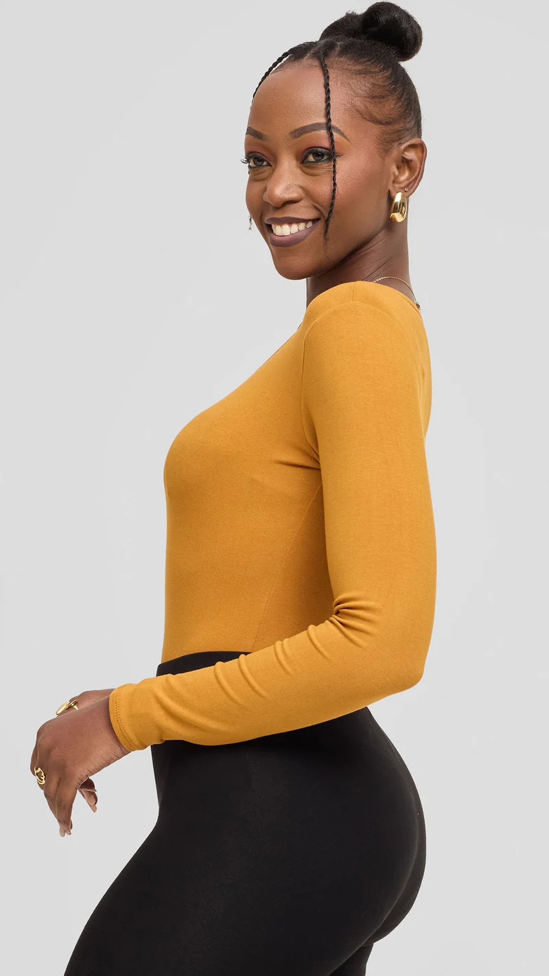 Vivo Basic Long Sleeve Bodysuit in Jersey - Dark Mustard