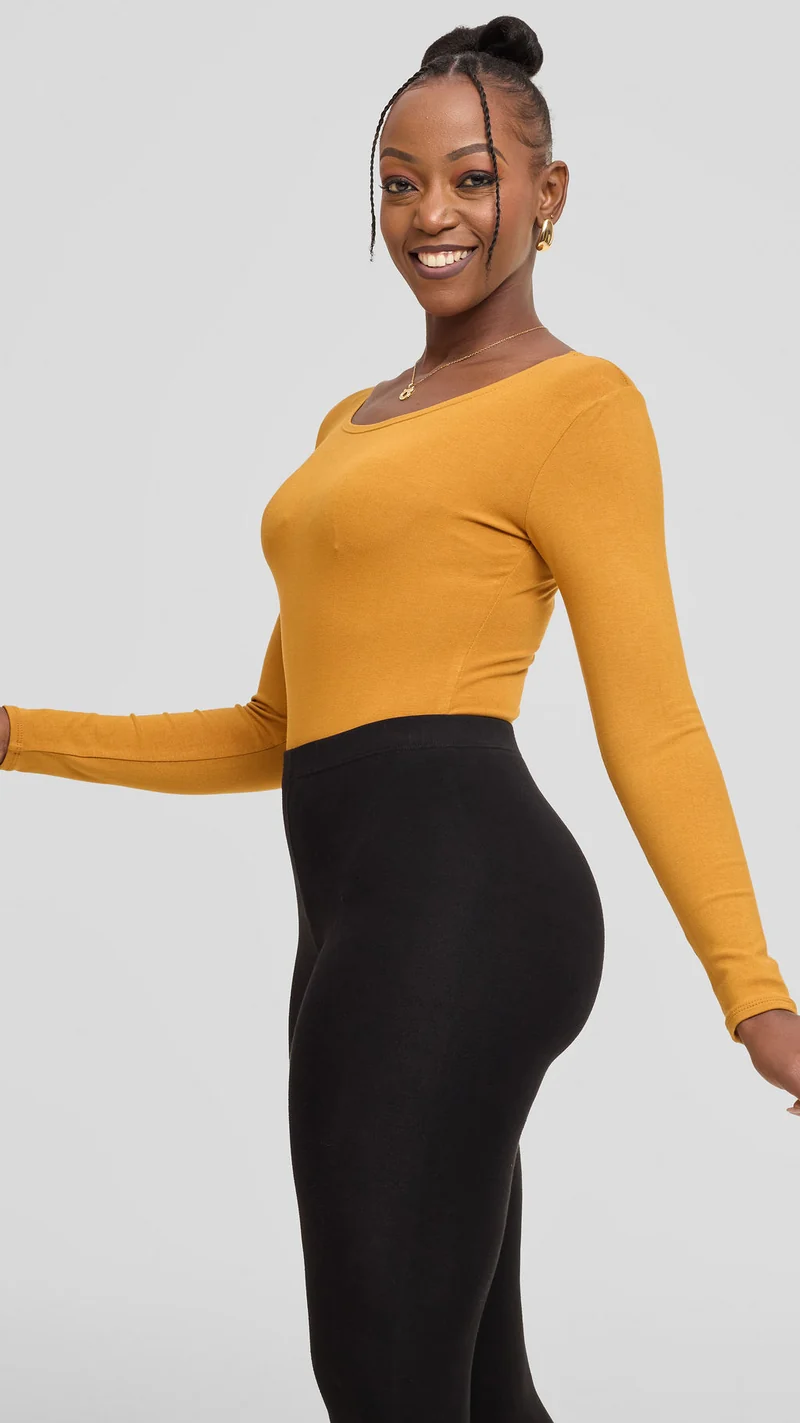 Vivo Basic Long Sleeve Bodysuit in Jersey - Dark Mustard