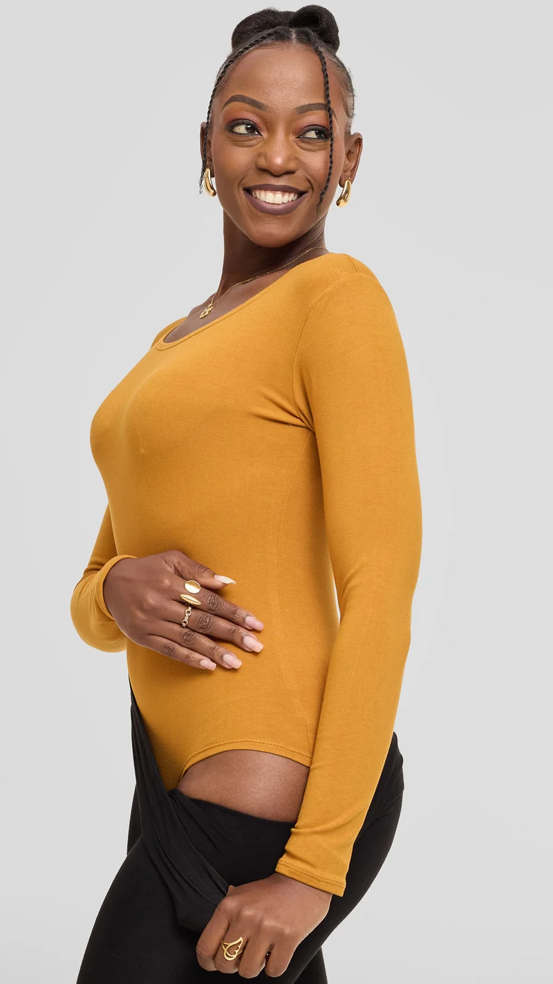 Vivo Basic Long Sleeve Bodysuit in Jersey - Dark Mustard