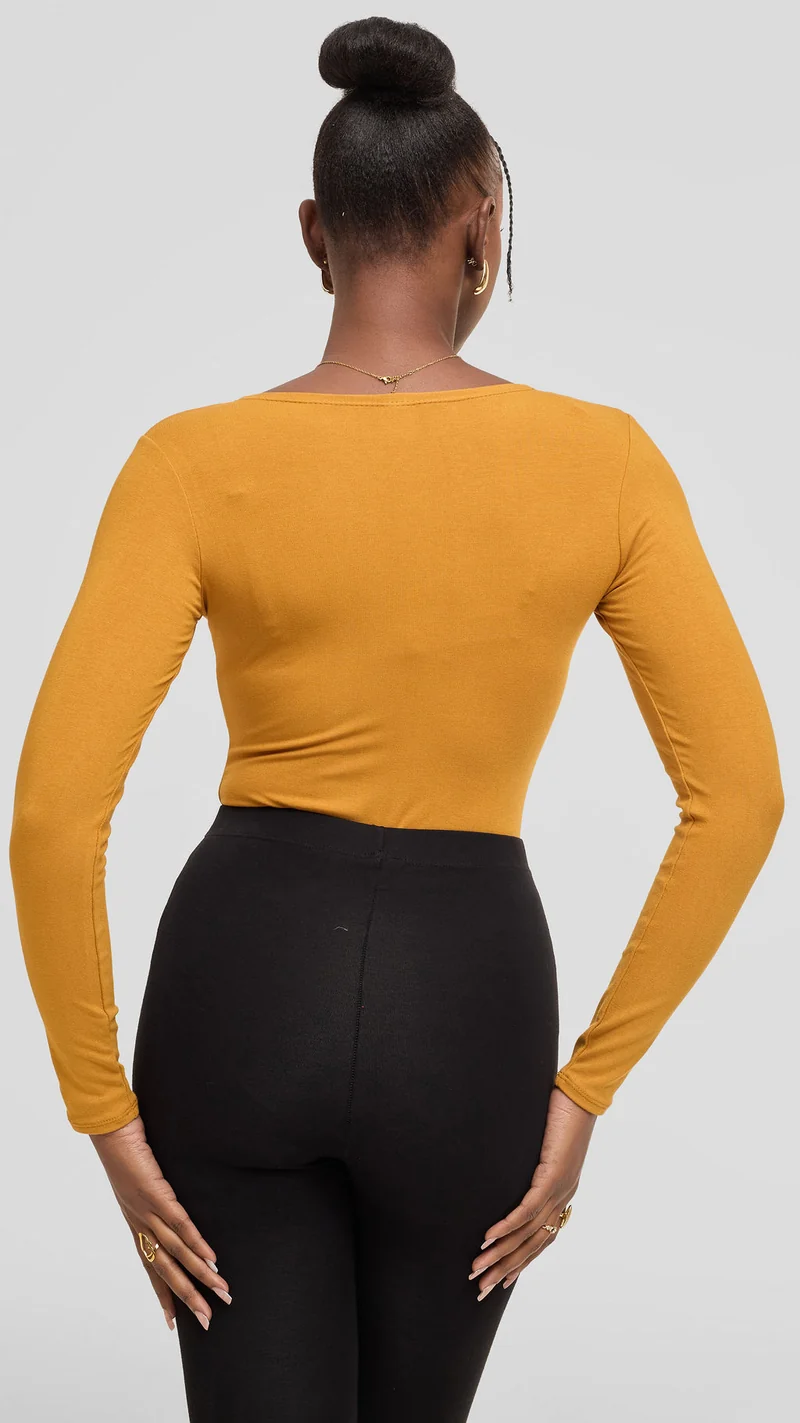 Vivo Basic Long Sleeve Bodysuit in Jersey - Dark Mustard