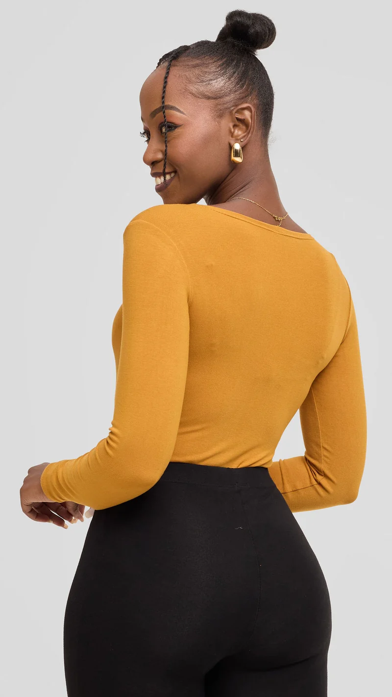 Vivo Basic Long Sleeve Bodysuit in Jersey - Dark Mustard