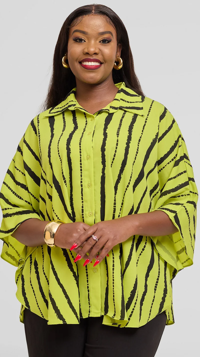Vivo Iyana Cape Top in Chiffon - Lime / Dark Green Bori Print