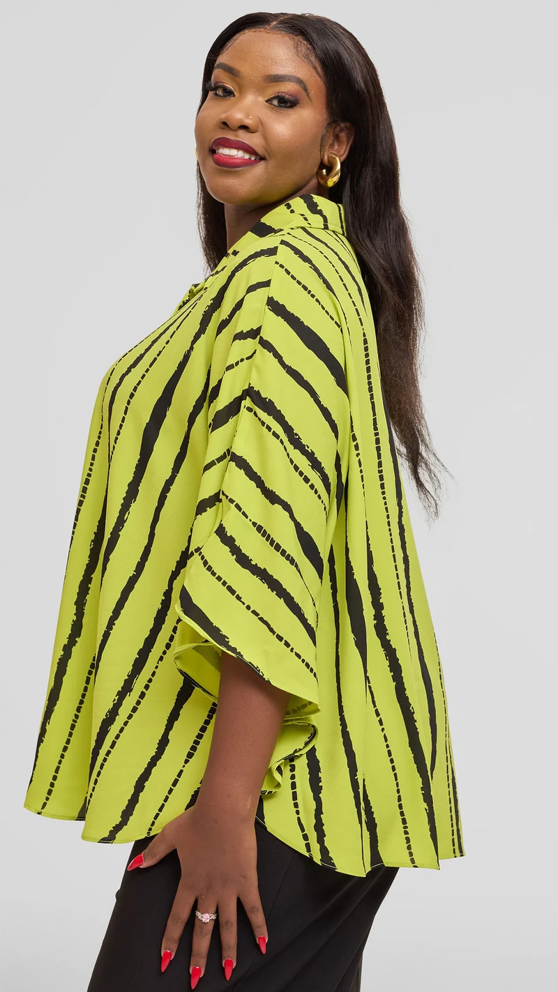 Vivo Iyana Cape Top in Chiffon - Lime / Dark Green Bori Print