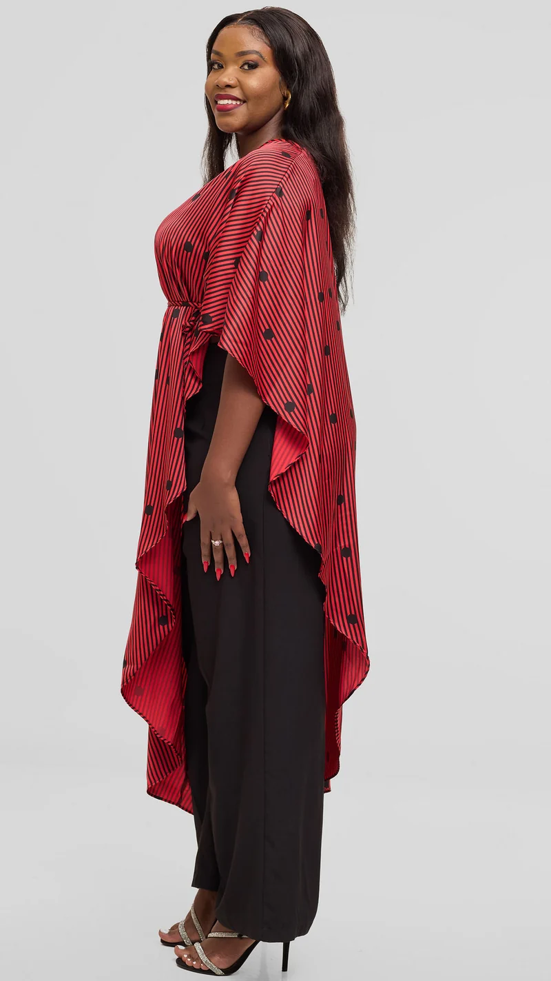 Vivo Liora Asymmetrical Kaftan Top in Satin - Orange / Black Polstripes