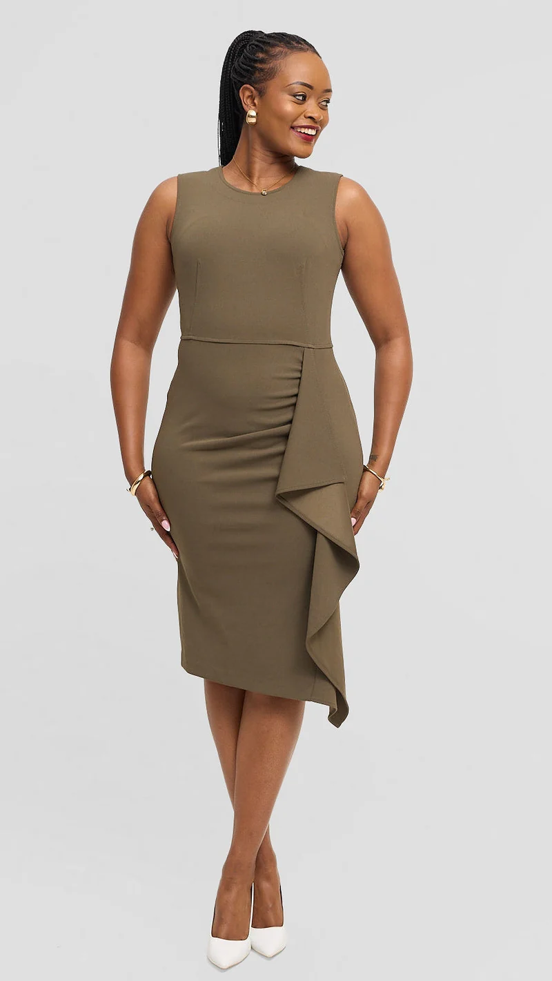 Lucille Couture Milly Cascade Sheath Dress - Olive