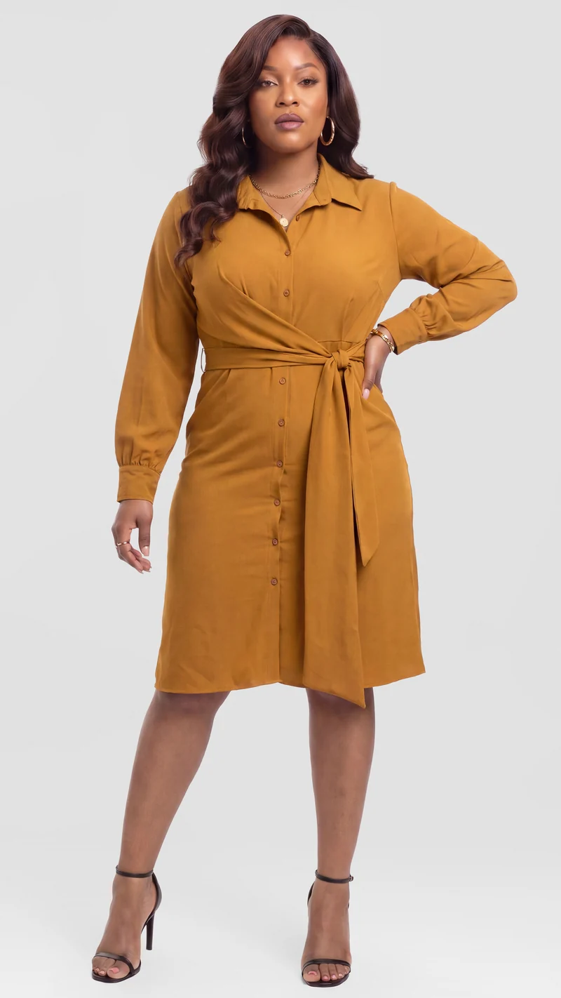 Vivo Long Sleeve Tie Dress in Crepe - Mustard