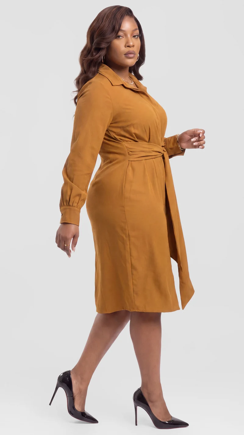 Vivo Long Sleeve Tie Dress in Crepe - Mustard