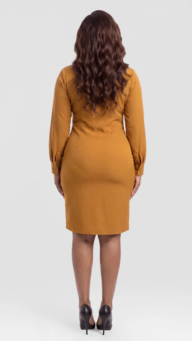 Vivo Long Sleeve Tie Dress in Crepe - Mustard