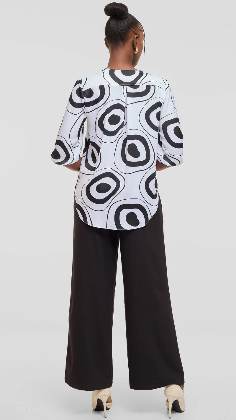 Vivo Dua Shirt in Textured Satin - Off White / Black Laisa Print