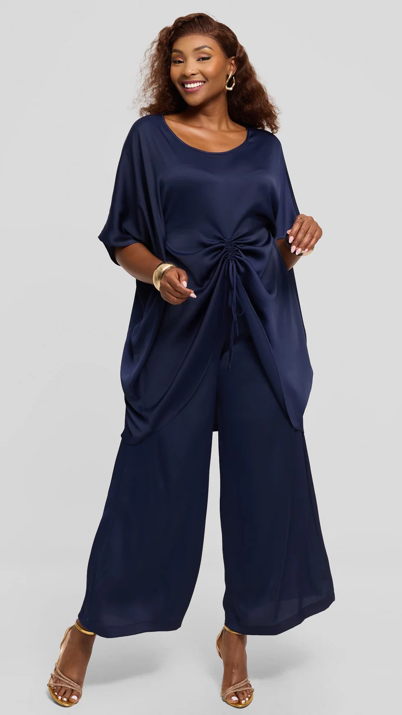 Vivo Ruched Maxi Top in Textured Satin - Navy Blue