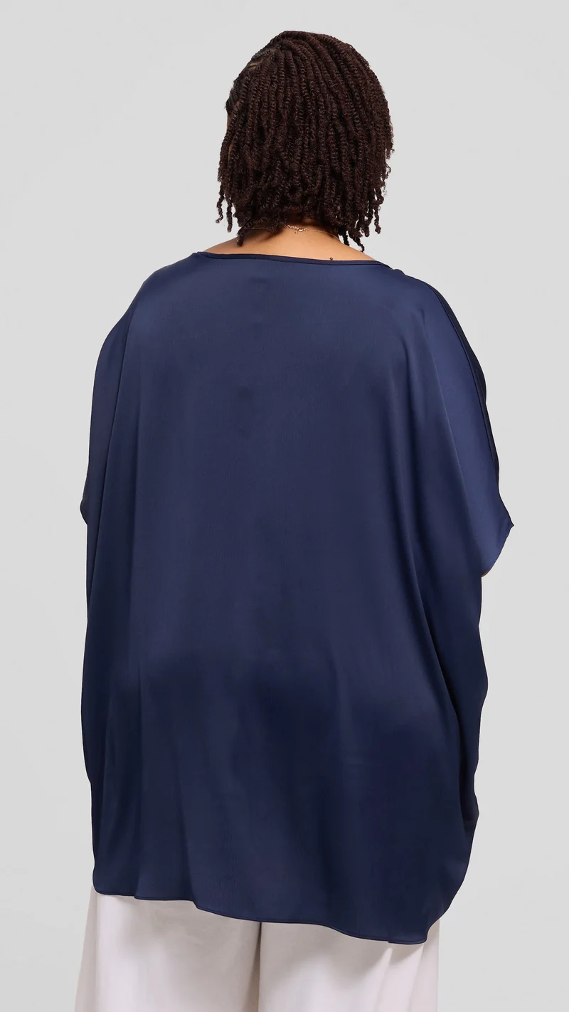 Vivo Ruched Maxi Top in Textured Satin - Navy Blue