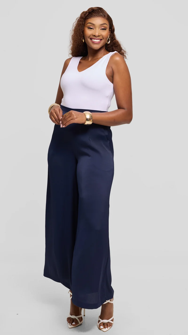 Vivo Wide Leg Pants in Textured Satin - Navy Blue