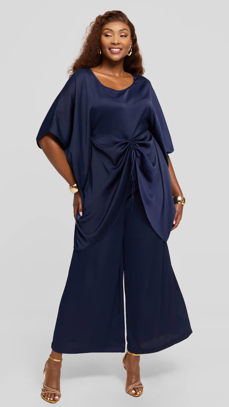 Vivo Wide Leg Pants in Textured Satin - Navy Blue
