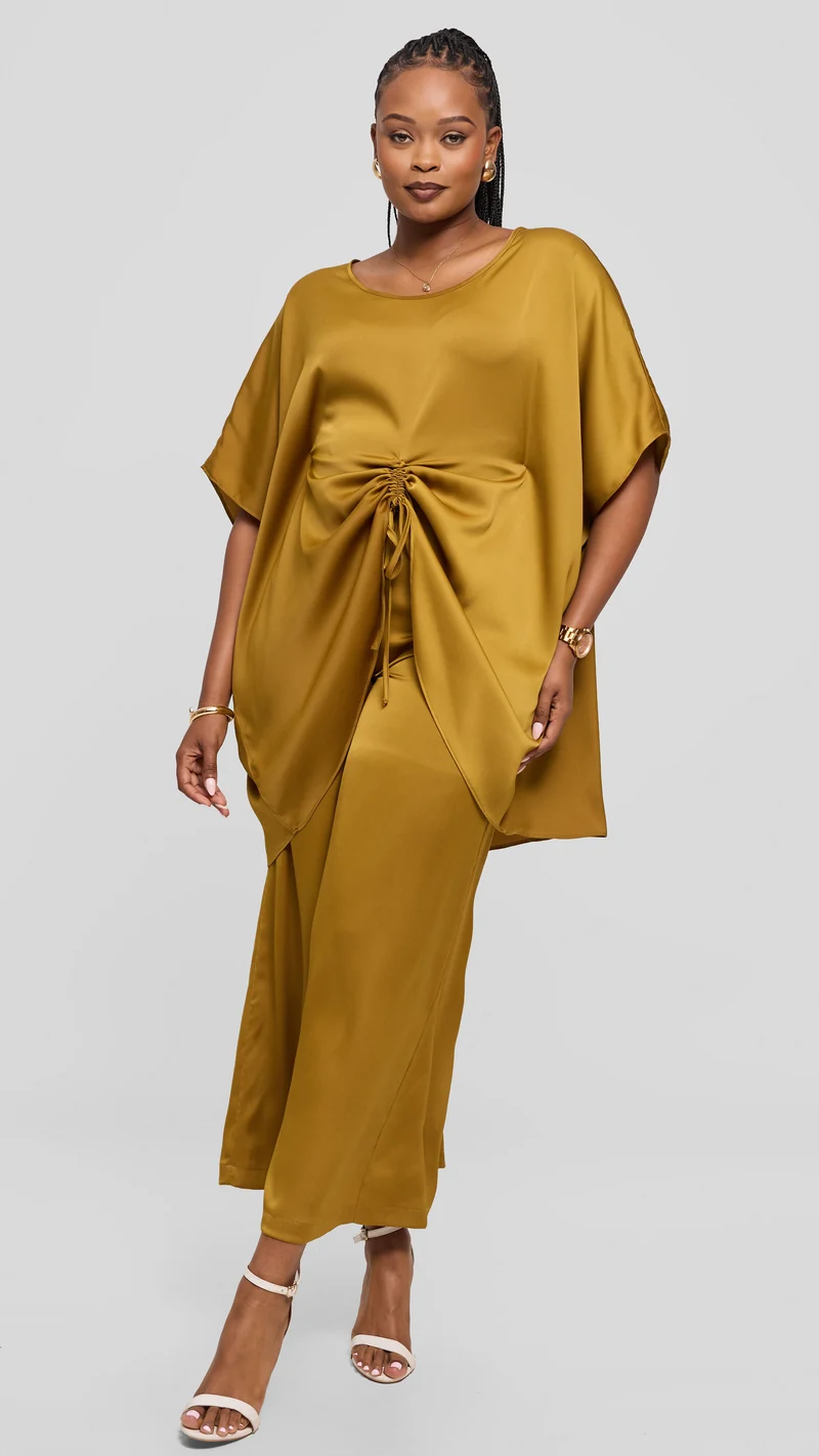 Vivo Ruched Maxi Top in Textured Satin - Dark Olive