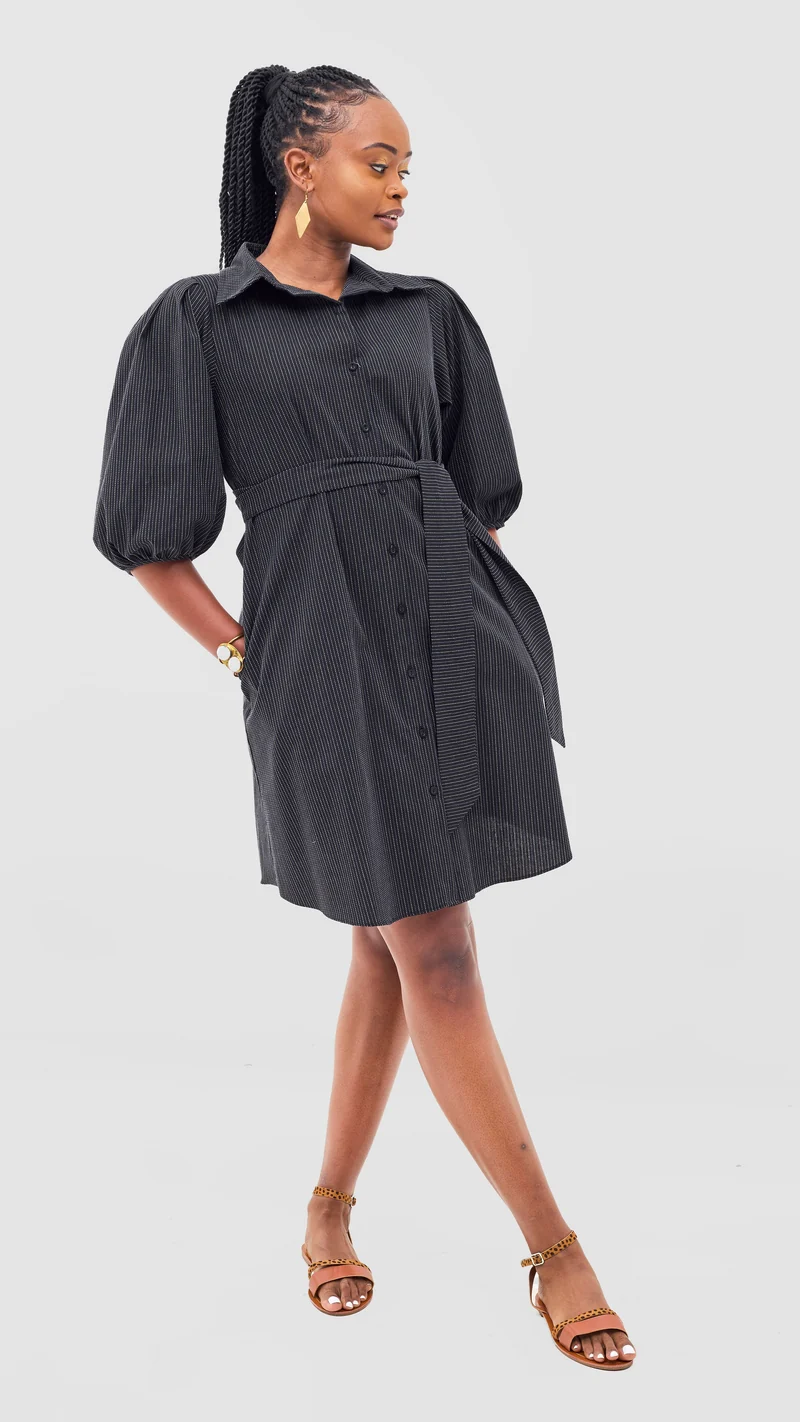 Safari Naledi 3/4 Sleeve Tent Dress - Navy Pinstripes Print
