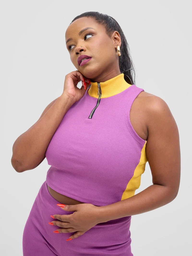 Zoya Vasha Sleeveless Turtleneck Top - Purple / Yellow