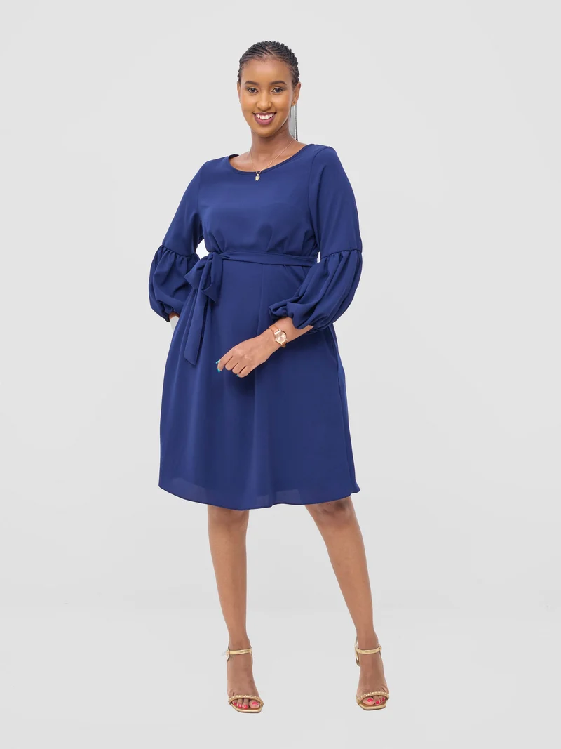 Vivo Zena Bishop Panel Long Sleeve Round Neck Dress - Light Navy Blue