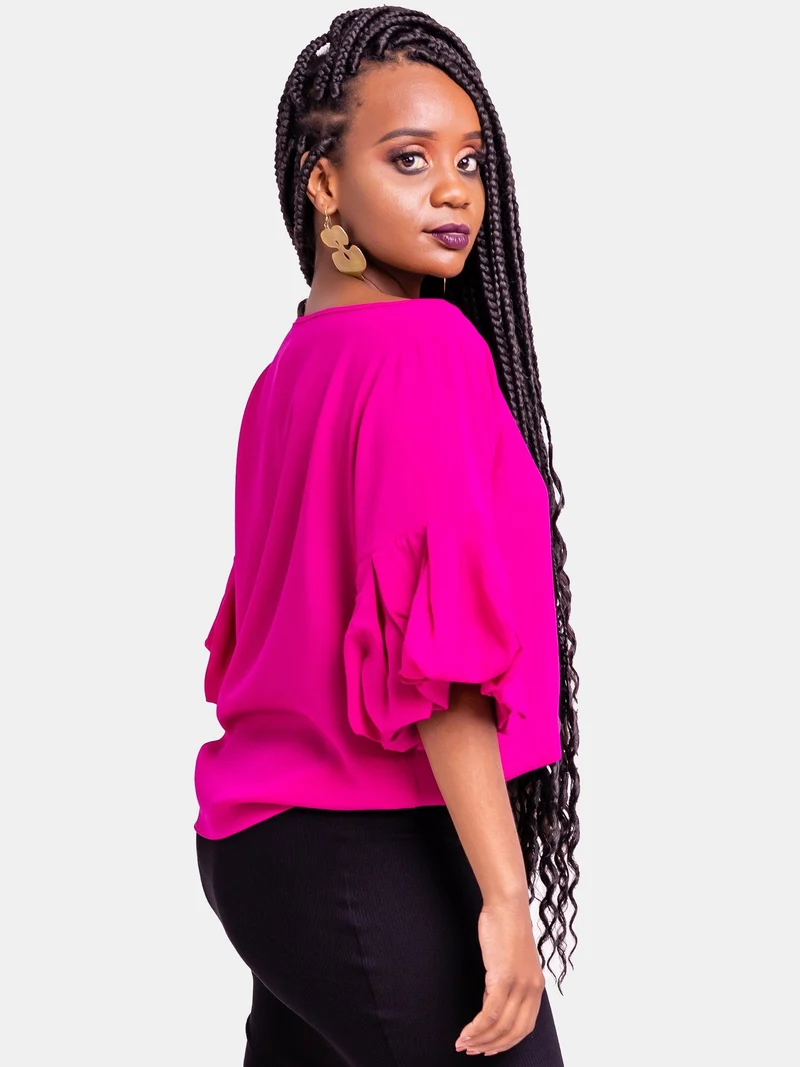 Vivo Basic Boundneck Puff Sleeve Top - Pink